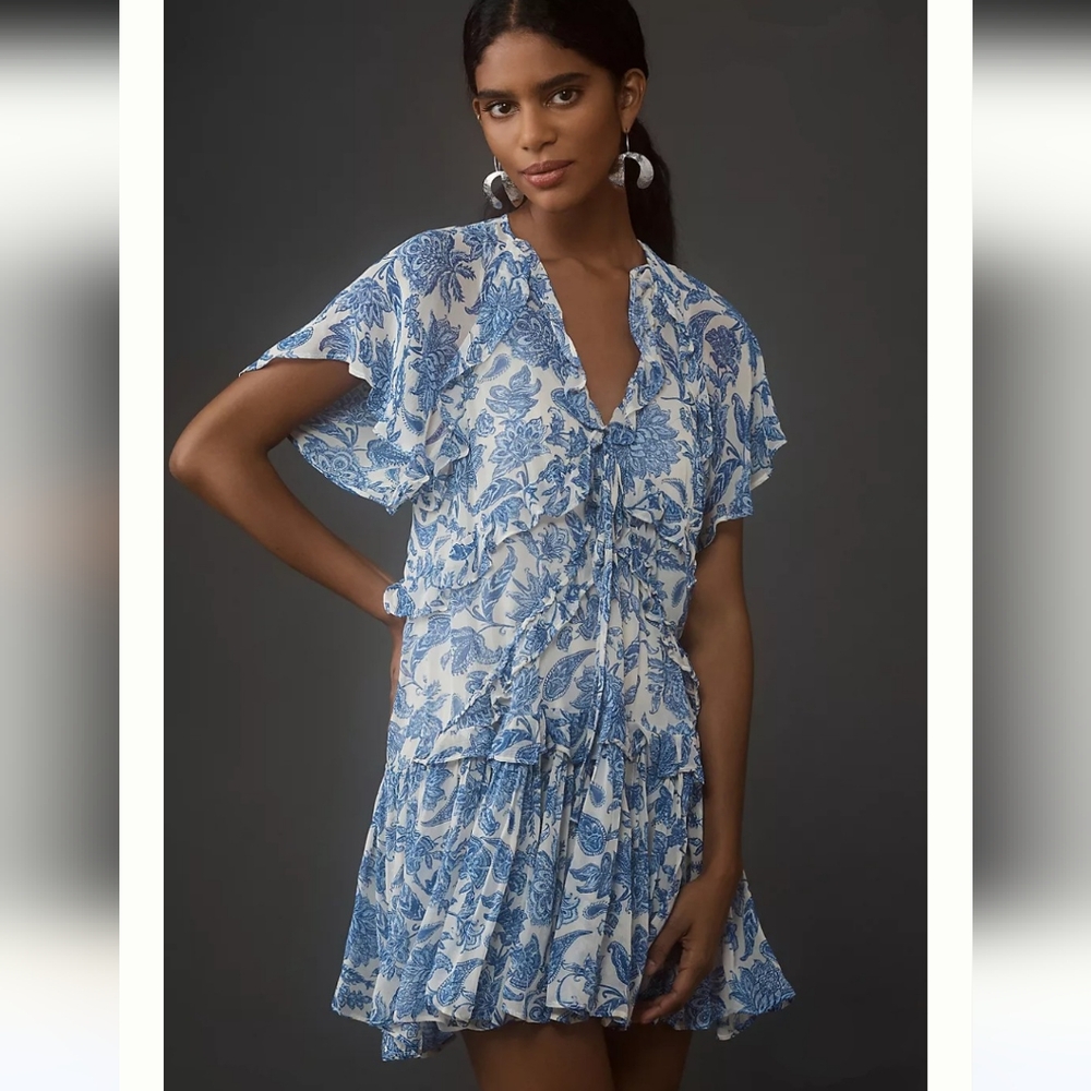 NWT Anthropologie Maeve Short Sleeve Blue Motif Asymmetrical Dress
